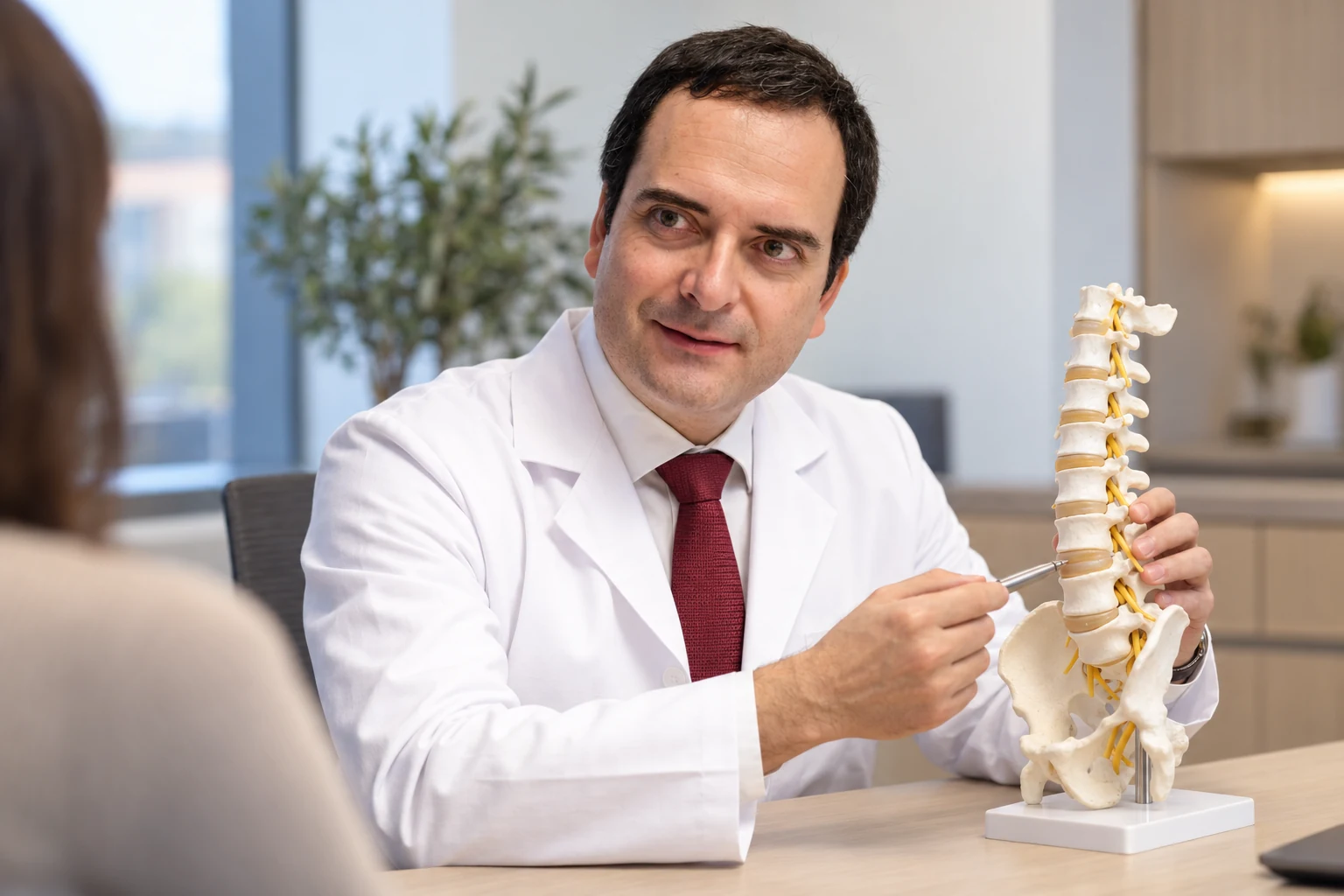 Dr. Miguel Cordeiro a explicar a anatomia da coluna vertebral durante uma consulta