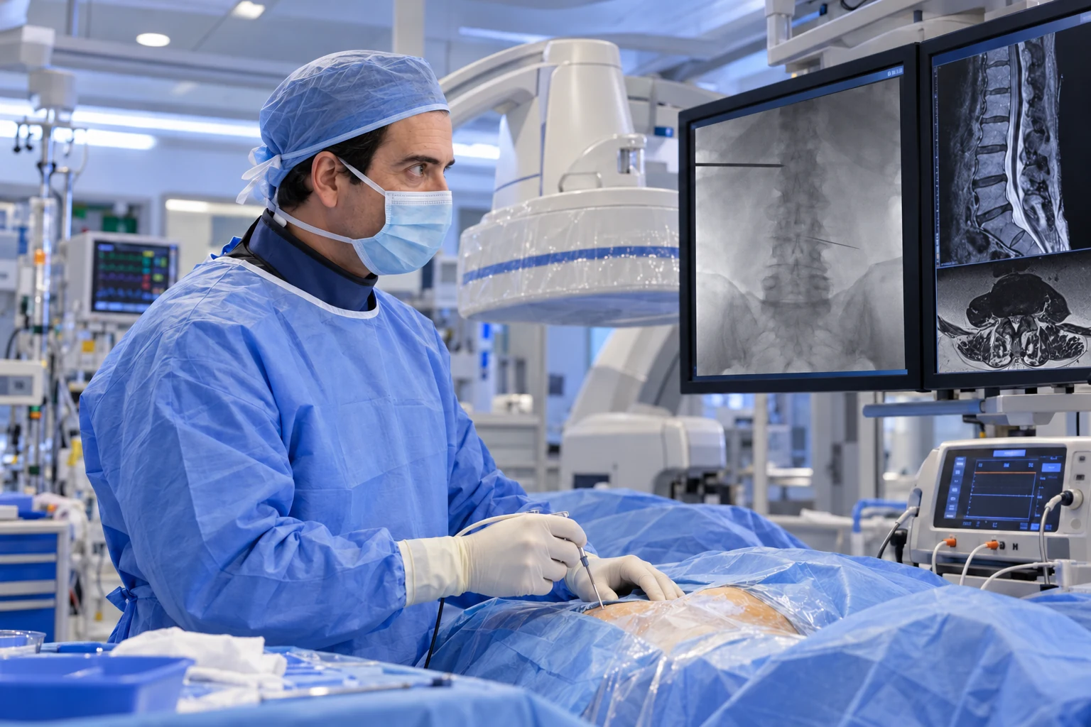 Dr. Miguel Cordeiro a realizar um procedimento percutâneo guiado por fluoroscopia, com radiografia e ressonância magnética nos monitores